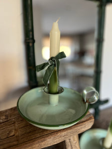 Green enamel chamber stick candle holder