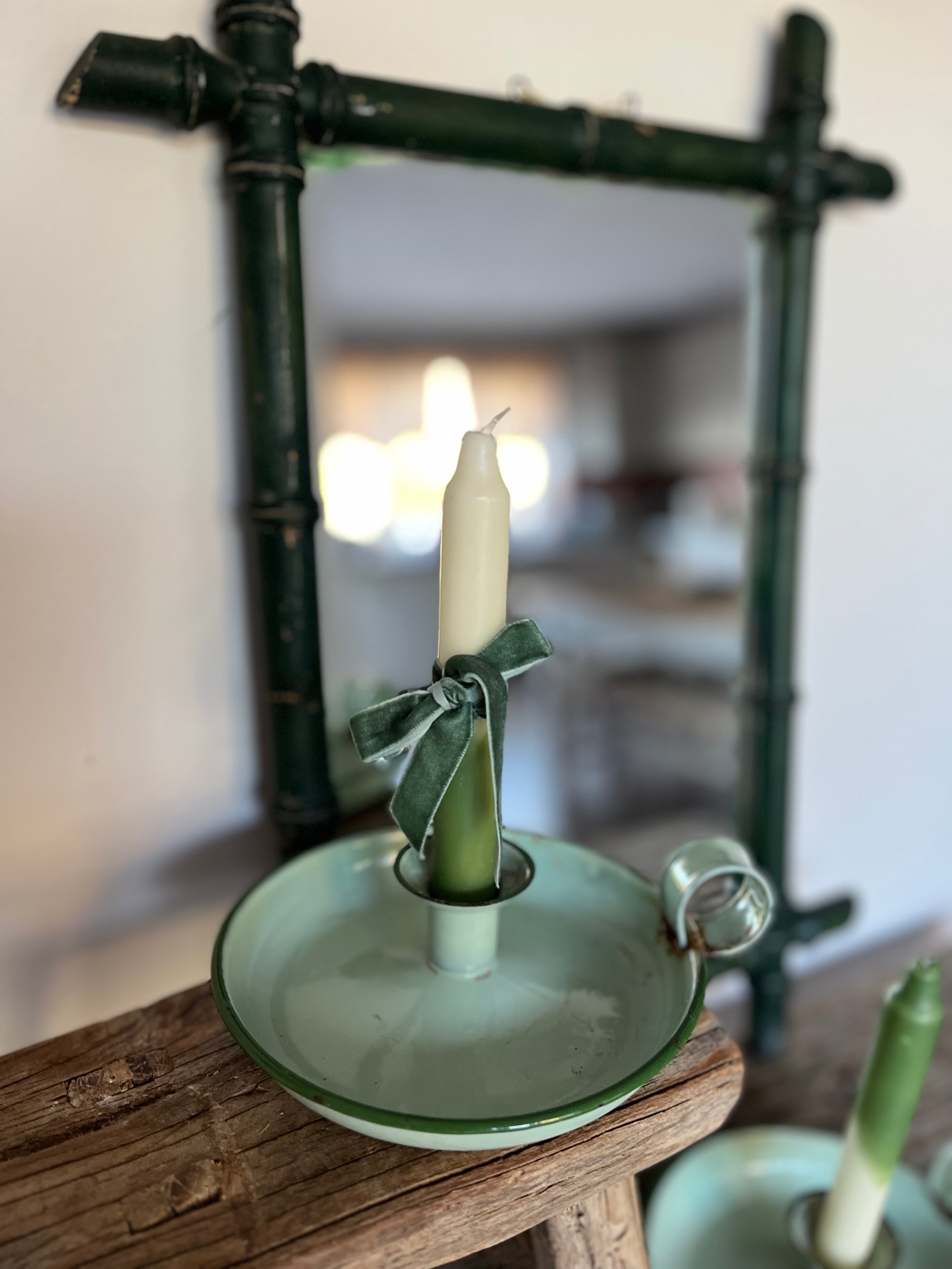 Green enamel chamber stick candle holder