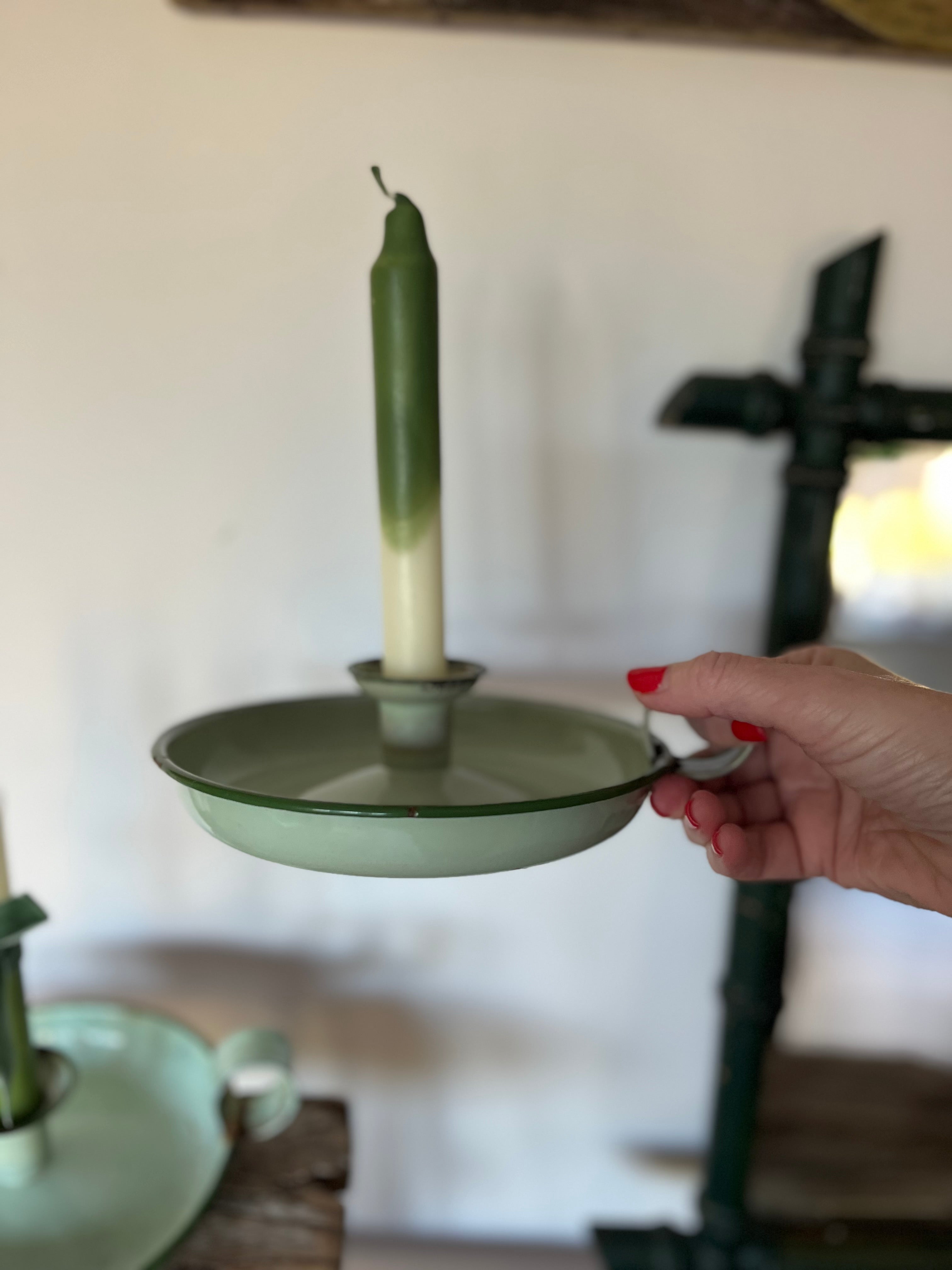 Green enamel chamber stick candle holder