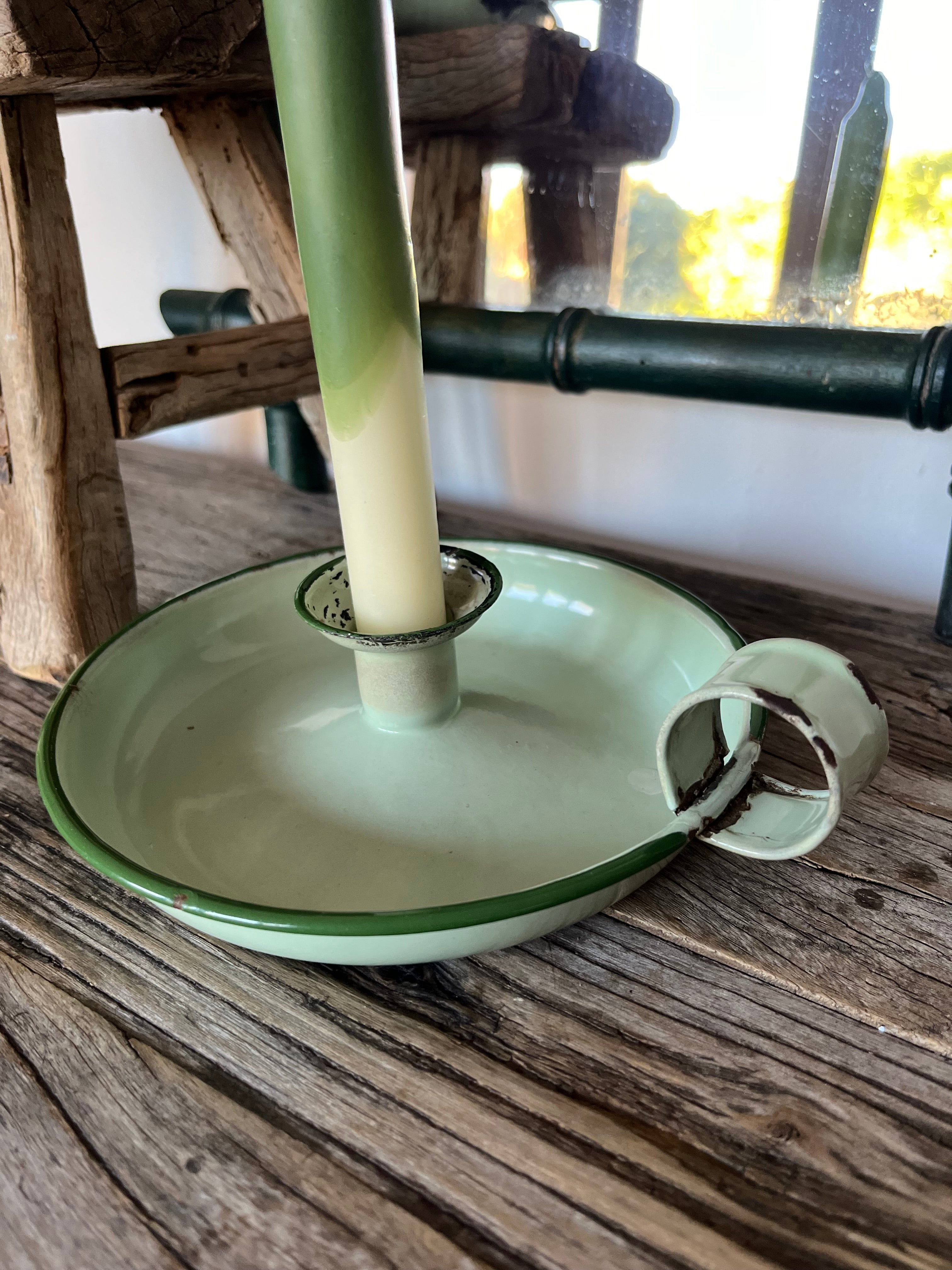 Green enamel chamber stick candle holder