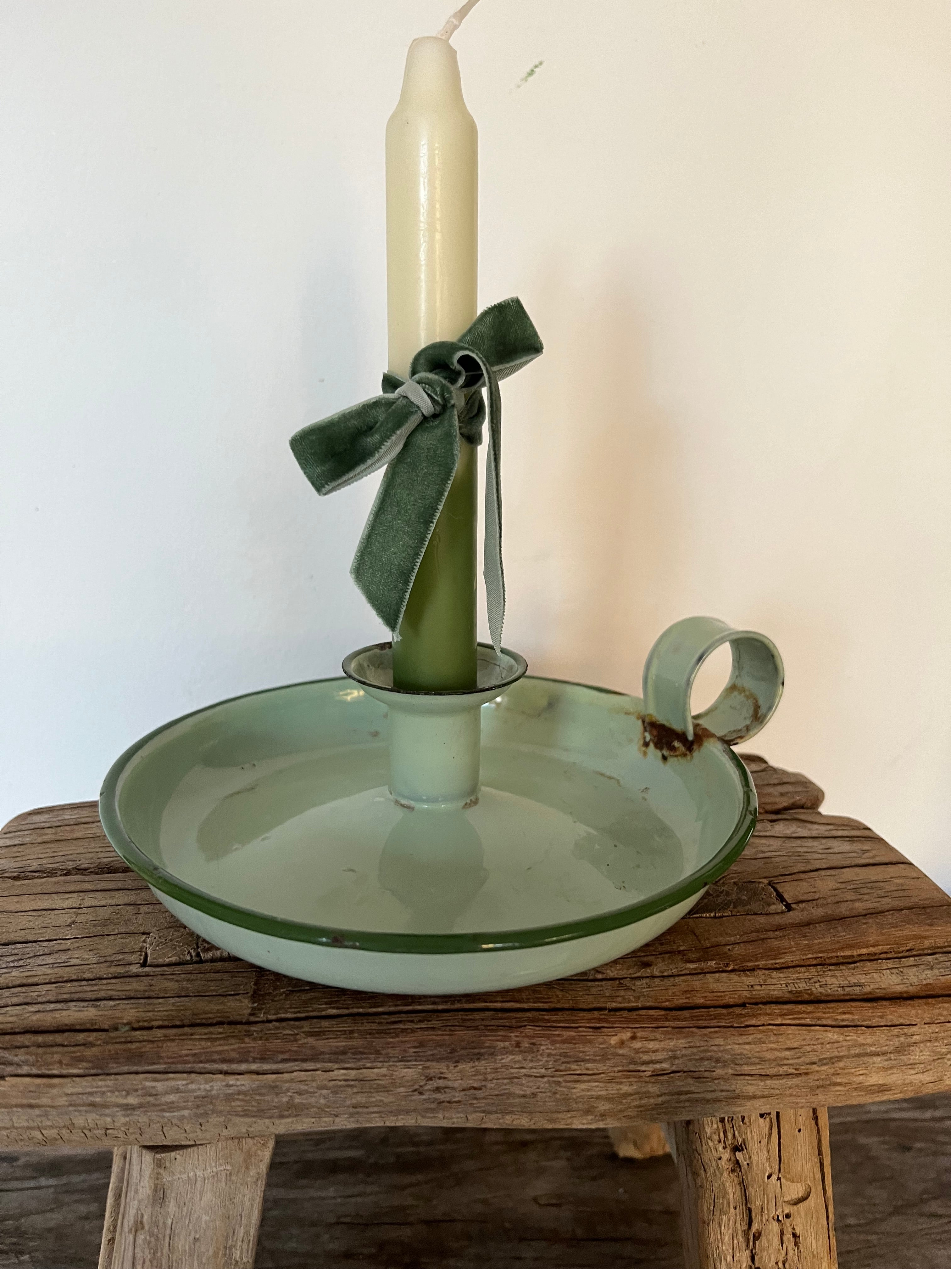 Green enamel chamber stick candle holder