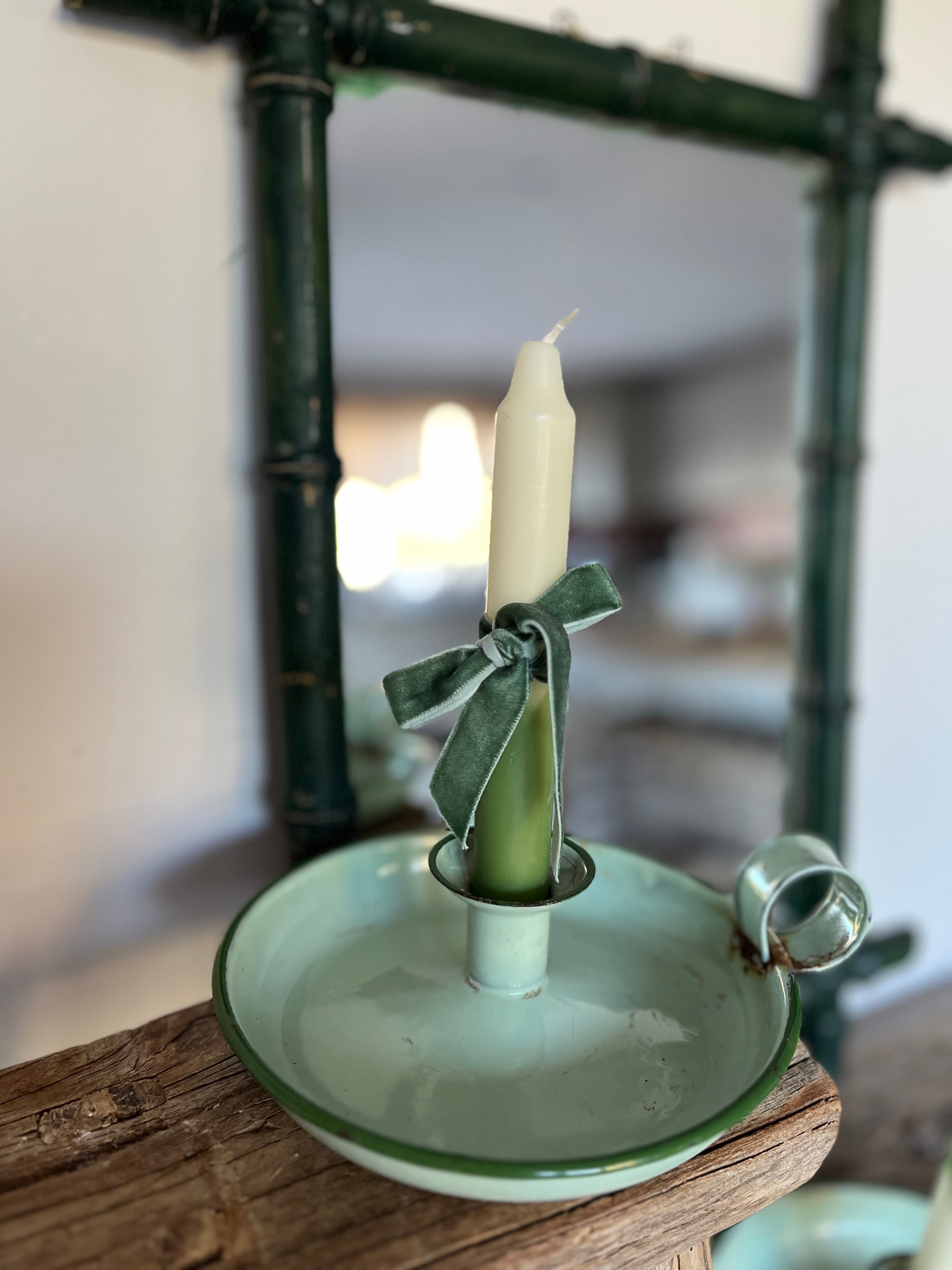 Green enamel chamber stick candle holder