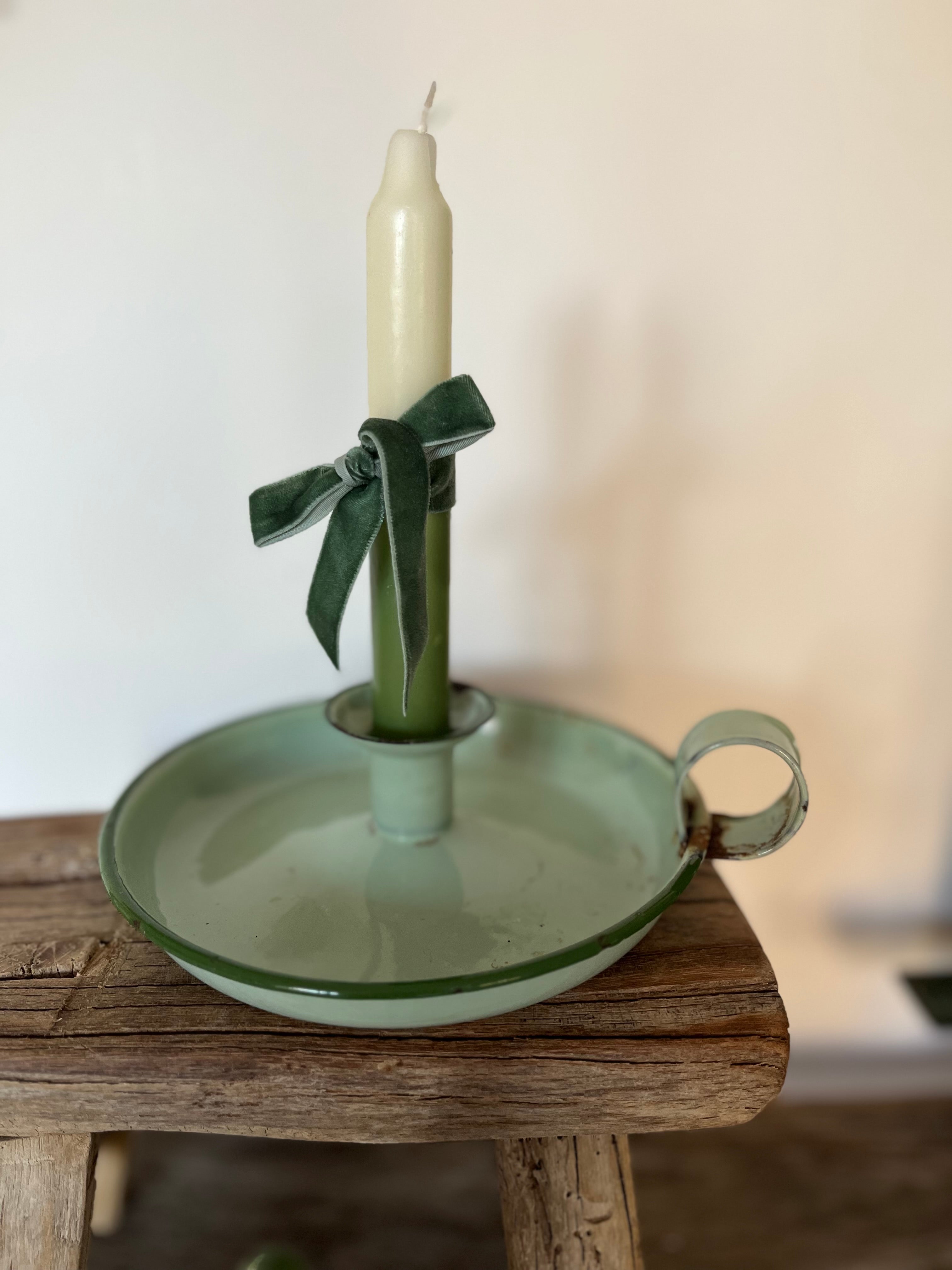 Green enamel chamber stick candle holder