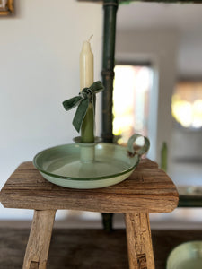 Green enamel chamber stick candle holder