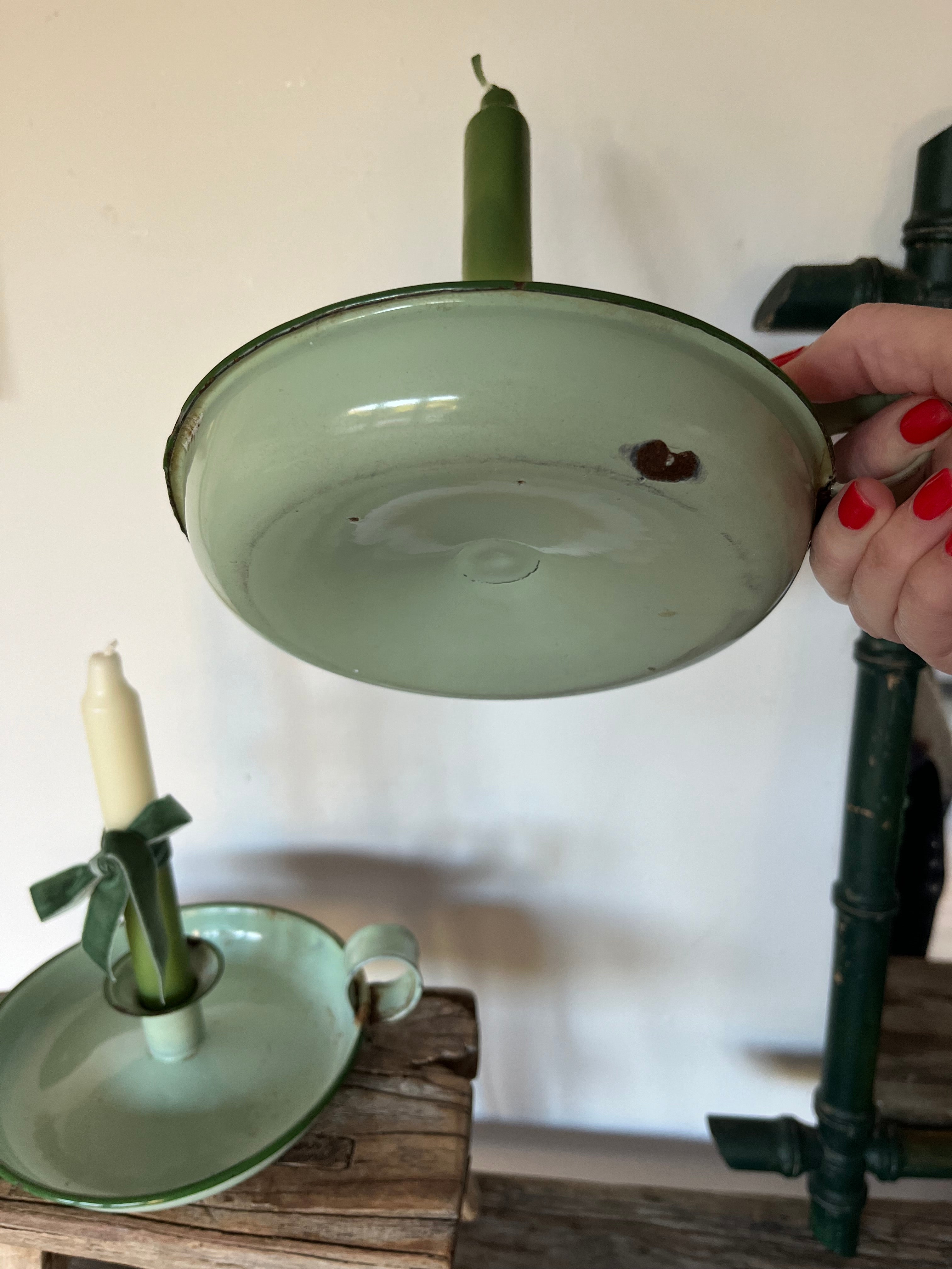 Green enamel chamber stick candle holder